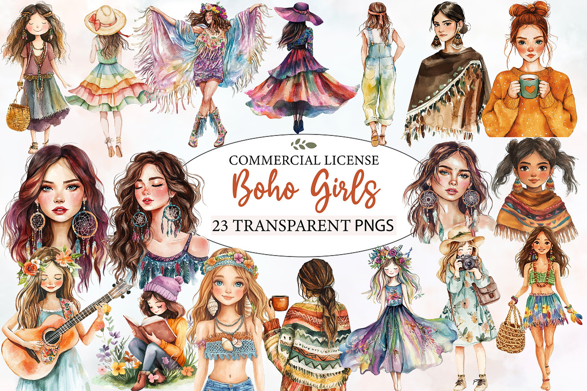 Watercolor Boho Girls Clipart, an Illustration by Designworld (Photo 1 of 6)