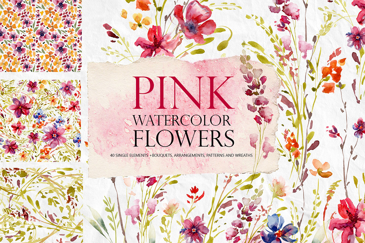 Watercolor clip art set Pink Flowers, a Decorative Illustration by RushkinaAntonina (Photo 1 of 7)
