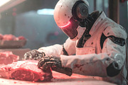 Robot butcher carefully preparing raw meat under bright neon lig, an Industrial Photo by GoodGoods (Thumbnail 1 of 2)