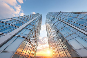 Skyscrapers reaching towards the sky at sunset over a city skyline, an Architecture Photo by AlyaAnd