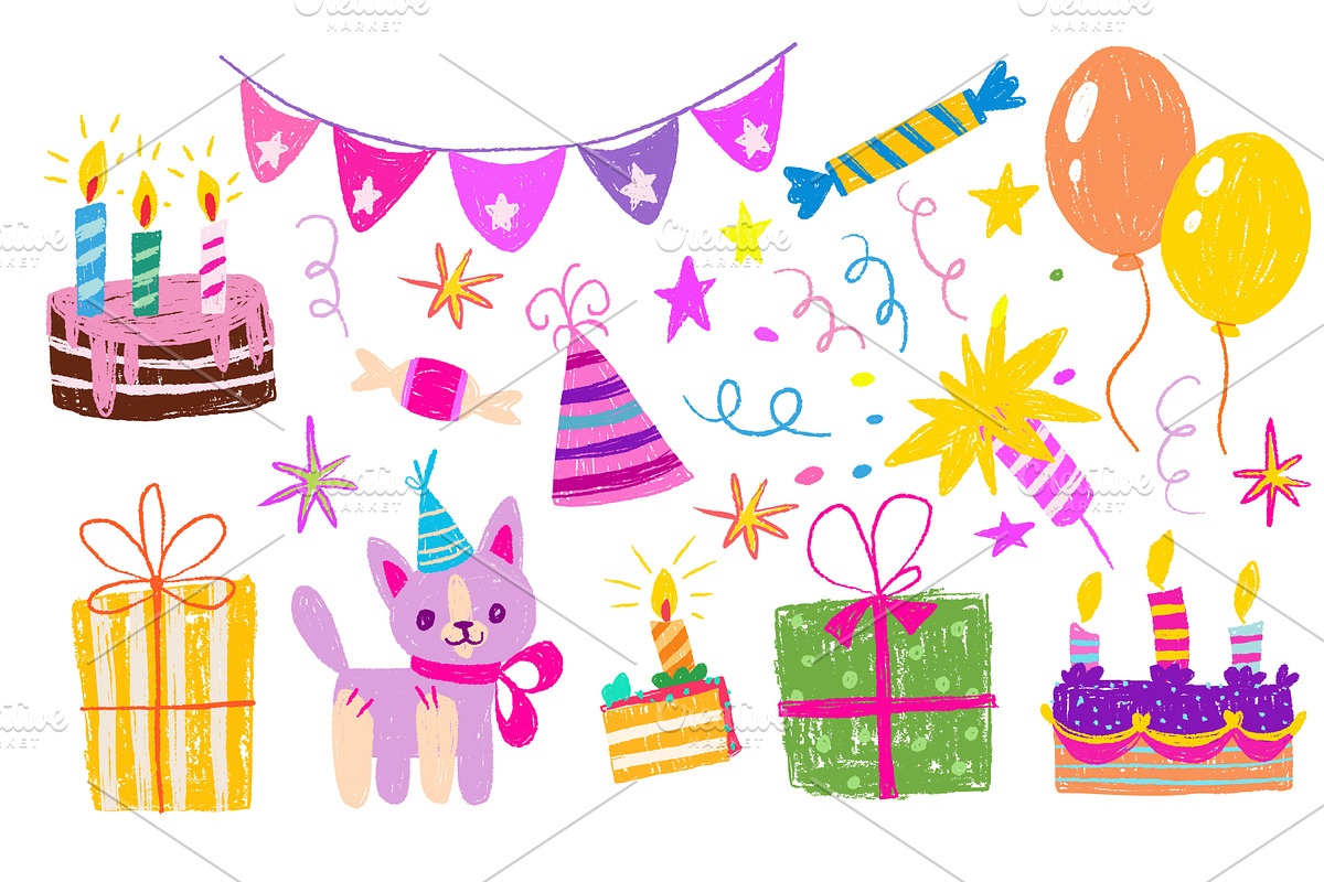 Crayon birthday party elements set, an Object Illustration by art PVP - market