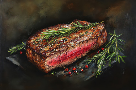 Perfectly cooked steak garnished wit, a Photo by Tanuart