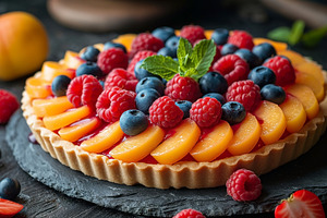 Delicious fruit tart topped with fresh peaches, raspberries, and, a Food & Drink Photo by ImageMir