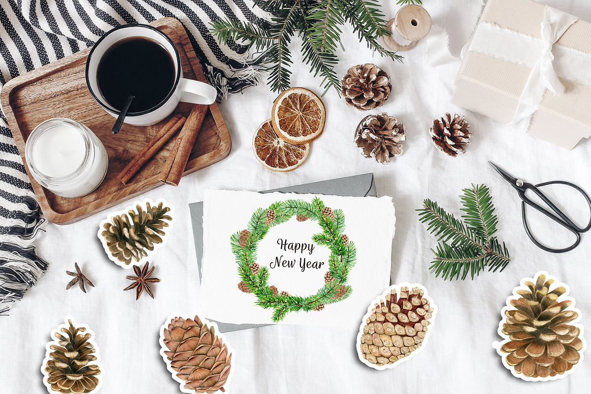 Watercolor pine cones clipart set, an Illustration by svetodesign (Photo 8 of 9)