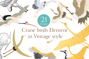 Crane birds element in vintage style