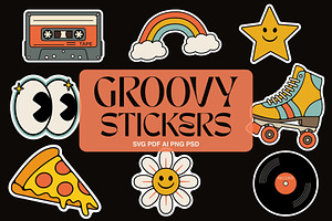 Groovy Sticker Set. Hippie Retro