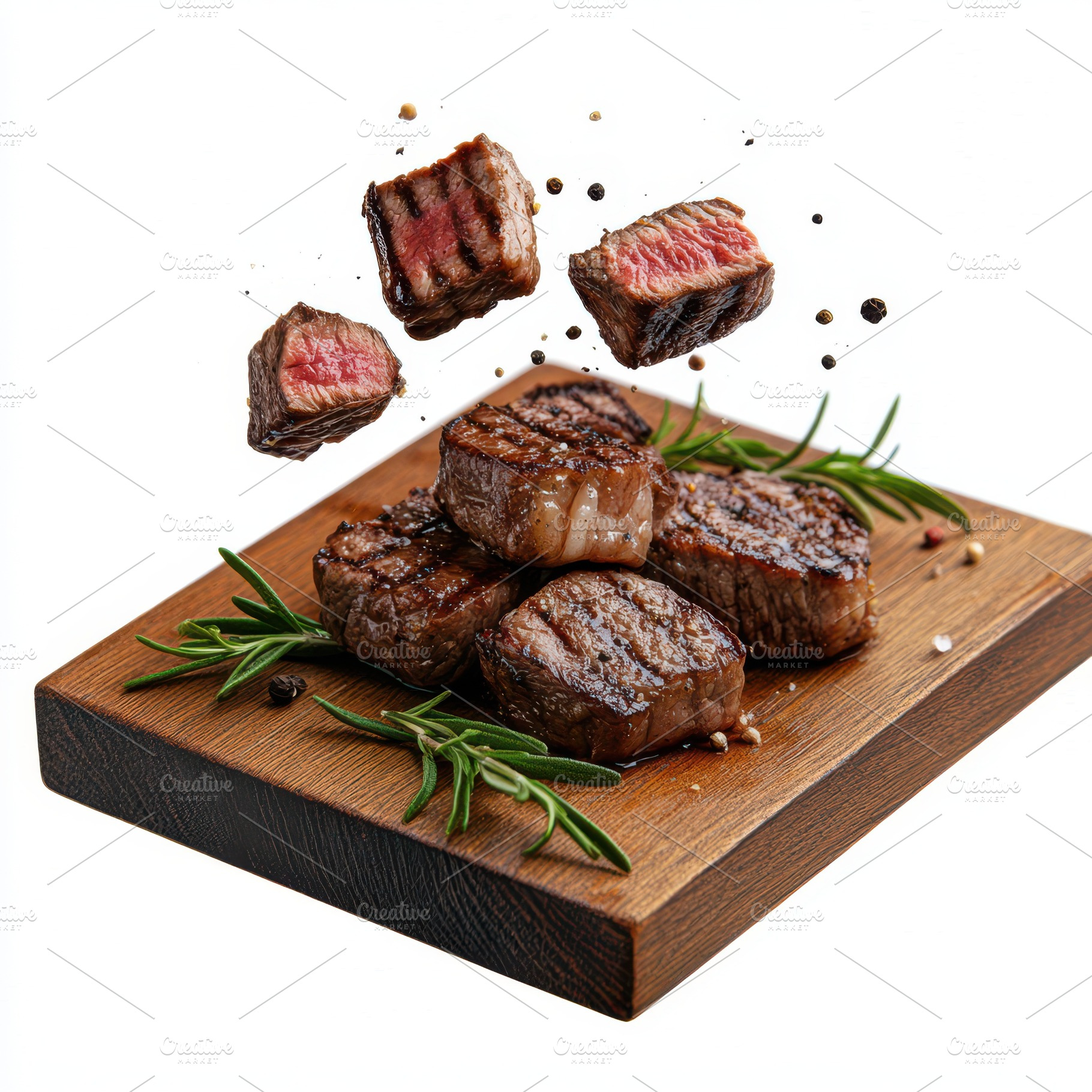 Sliced grilled steak and rosemary on, a Food & Drink Photo by Pixeness Studio