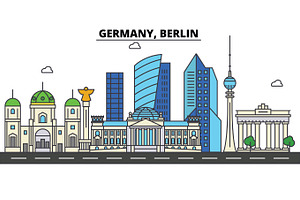 Germany, Berlin. City Skyline: Architecture, Buildings, Streets, Silhouette, Landscape, Panorama, Landmarks. Editable Strokes. Flat Design Line Vector