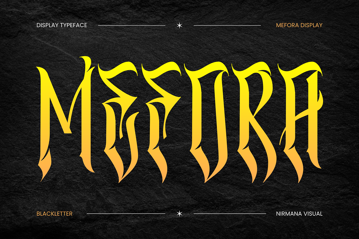 Mefora - Blackletter Logo Font, a Blackletter Font by Nirmana Visual (Photo 1 of 8)