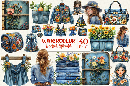 Vintage Denim Spring Clipart, a Work Illustration by OK Design