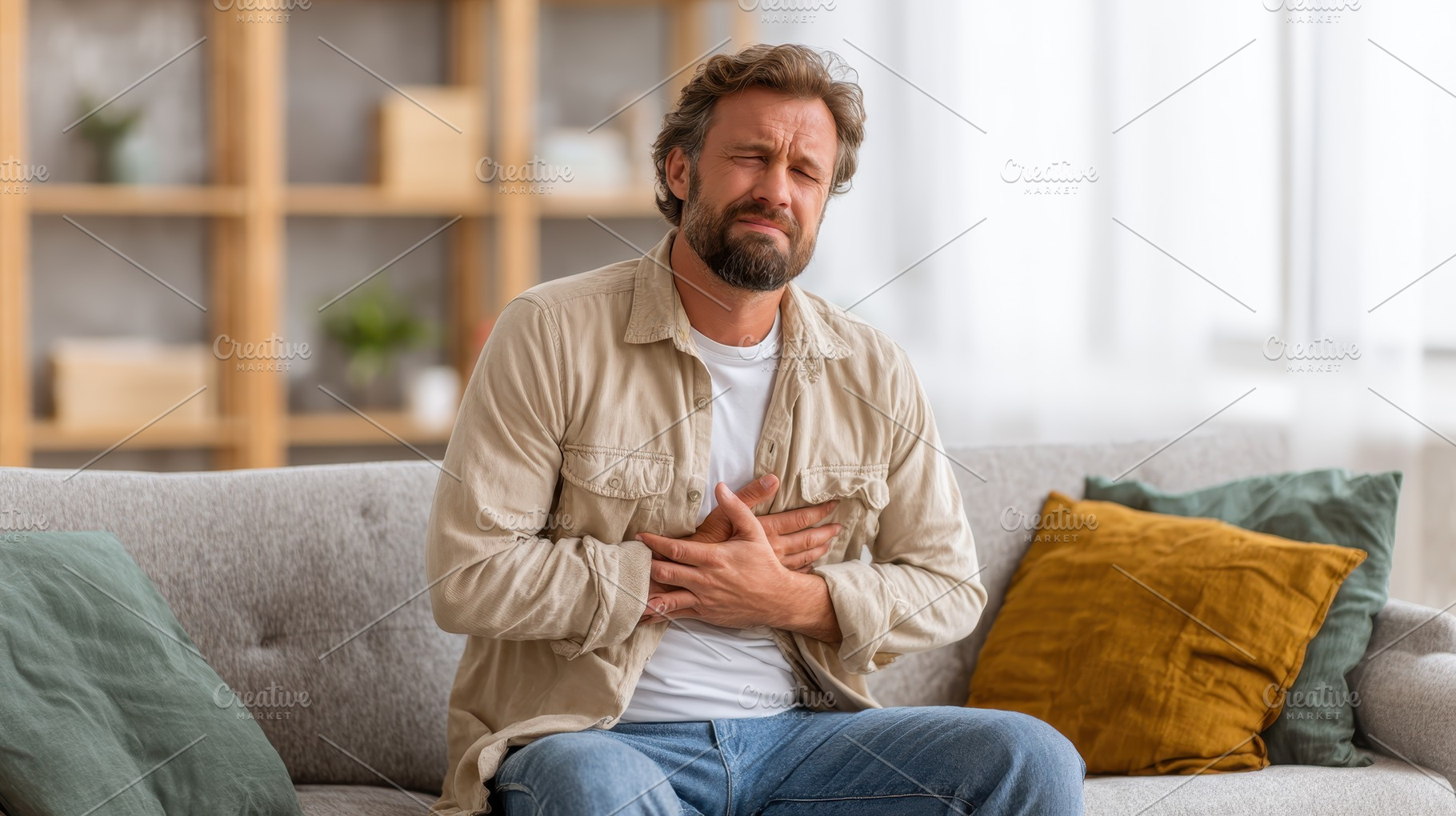 Man experiencing chest pain sitting, a Photo by Pixeness Studio