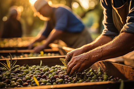 Workers sorting olives in a sunlit grove, focusing on the harvest. The scene ca, a Food & Drink Photo by Textures & Backgrounds