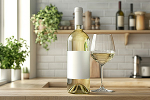 Elegant white wine bottle with blank label beside a glass on a w, a Food & Drink Photo by AlyaAnd