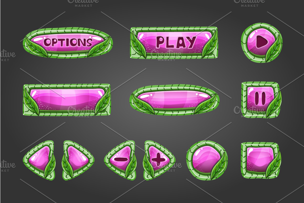 Cartoon pink buttons with leaves, an UI Kit Template by RybakovaAnn