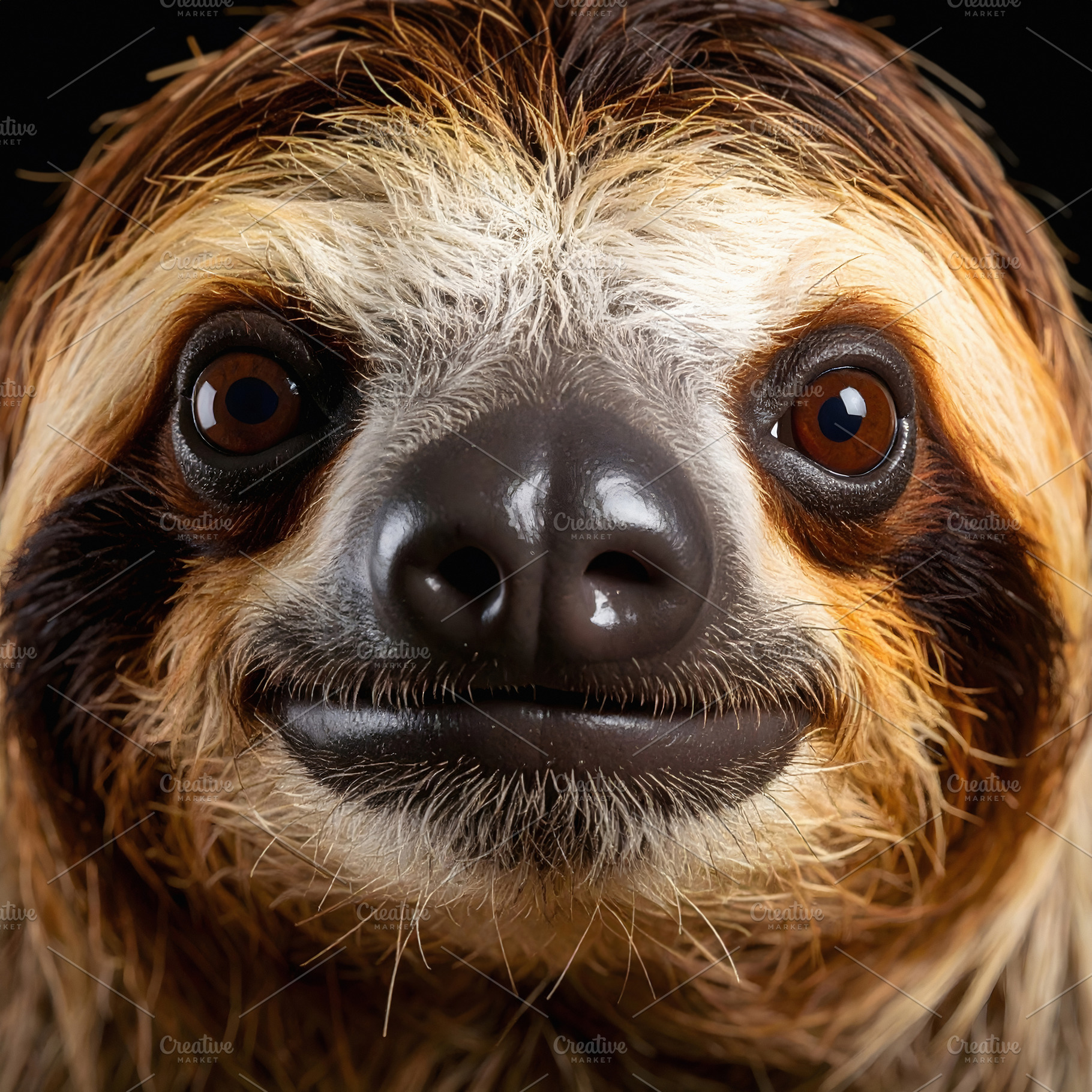 Gentle expression of sloth highlighted in close face portrait, an Animal Photo by GoodGoods