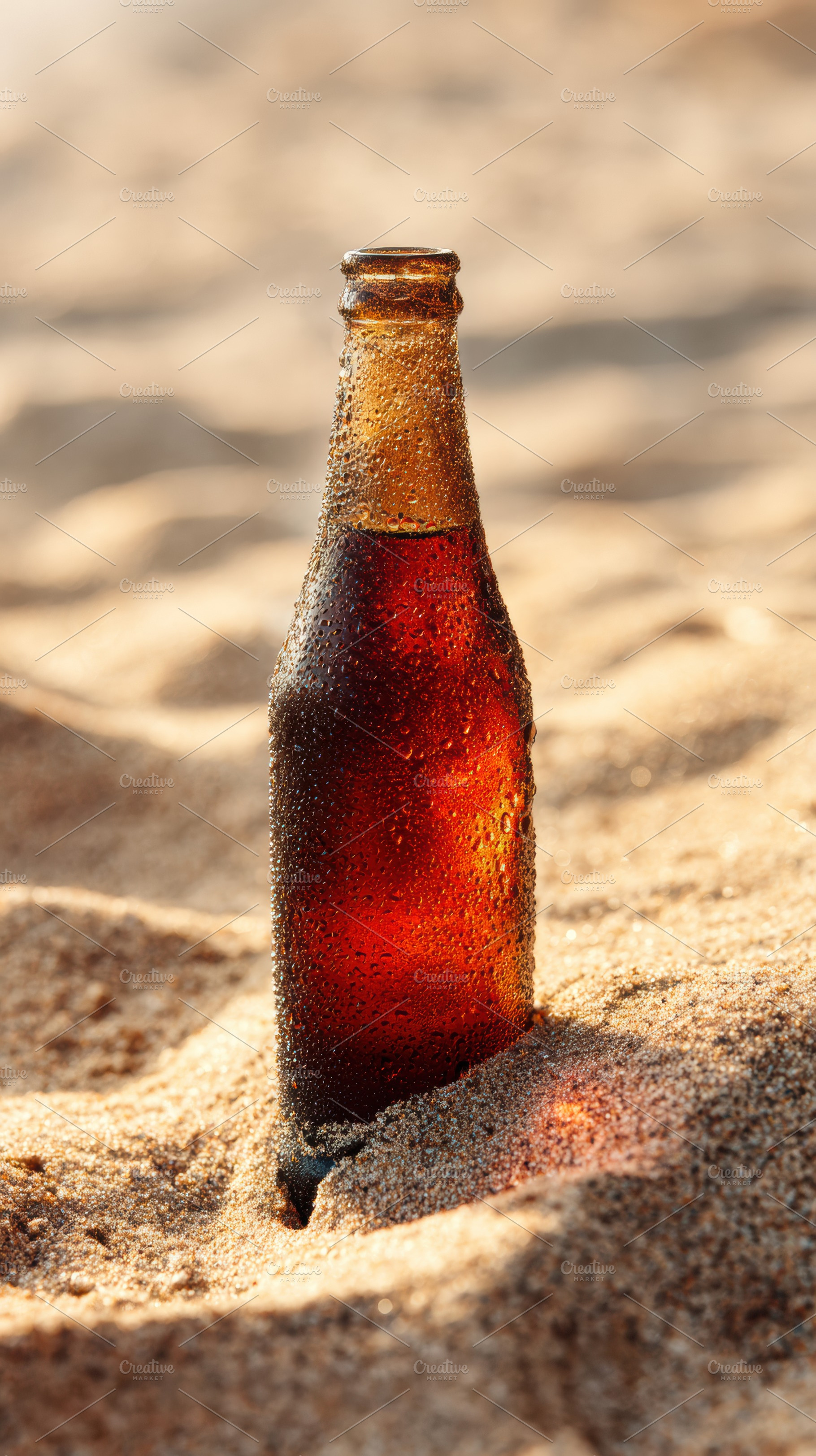 Cold soda bottle in sand, a Food & Drink Photo by Virgo Studio