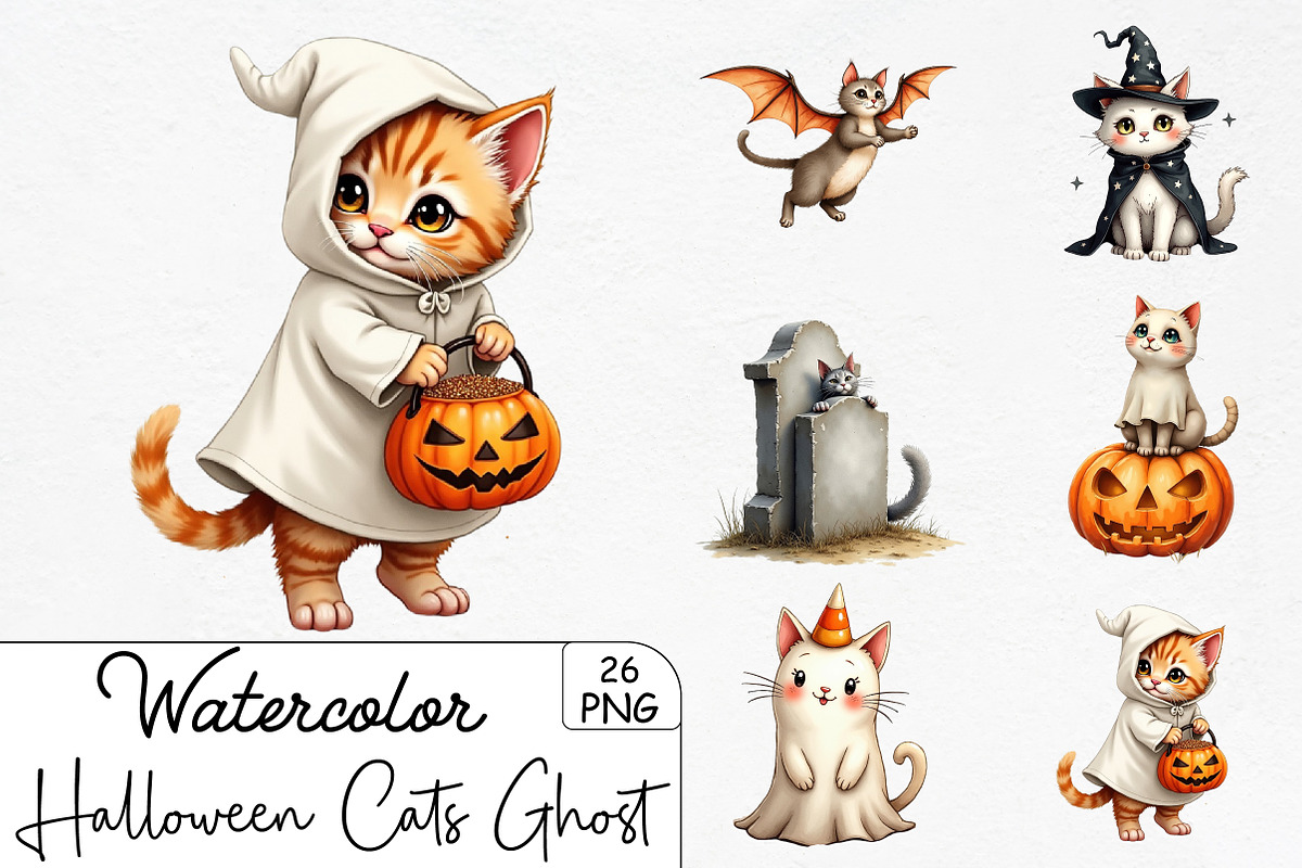Halloween Cats Ghost Clipart, an Illustration by CrexoraLab (Photo 1 of 5)