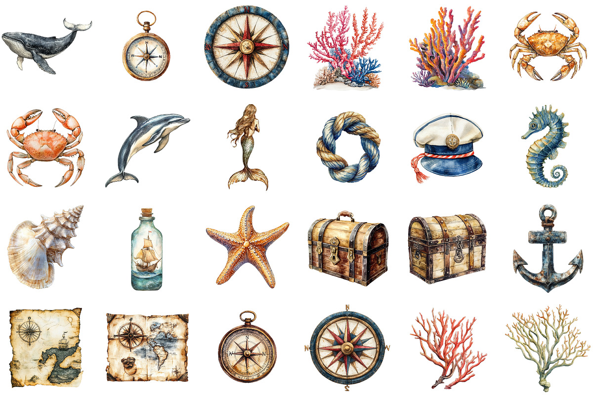 Vintage Ocean Clipart Bundle, an Illustration by Sublimation Artist (Photo 2 of 6)