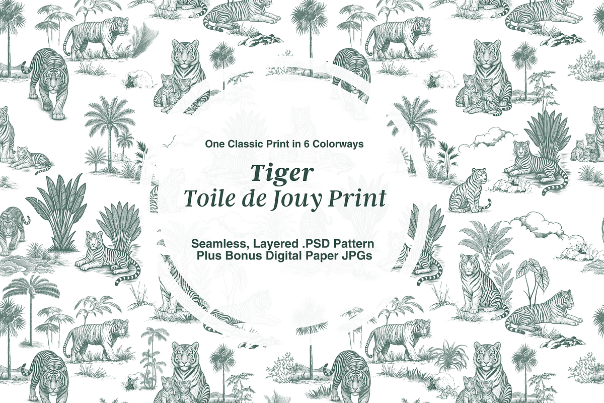 Tiger Toile de Jouy Seamless Pattern, a Pattern Graphic by Hughes Studio (Photo 1 of 8)