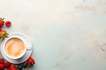 Breakfast scene with coffee and fruits, fresh start, healthy, su, a Food & Drink Photo by Mashimara