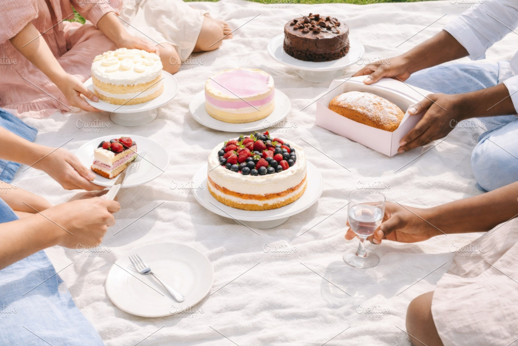 Cake picnic with diverse people enjo, a Photo by Dvoevnore photos