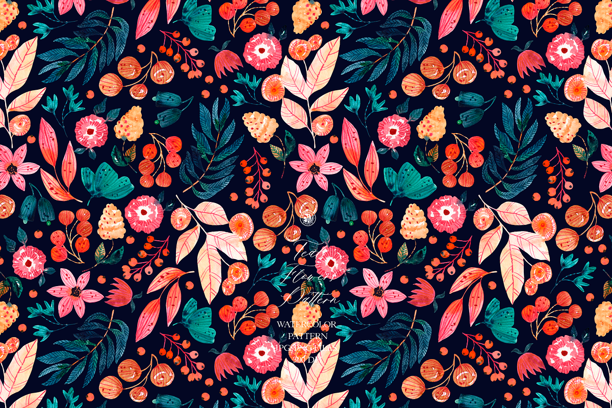 Teal Flowers Watercolor Pattern, a Pattern Graphic by Webvilla Studio (Photo 4 of 8)