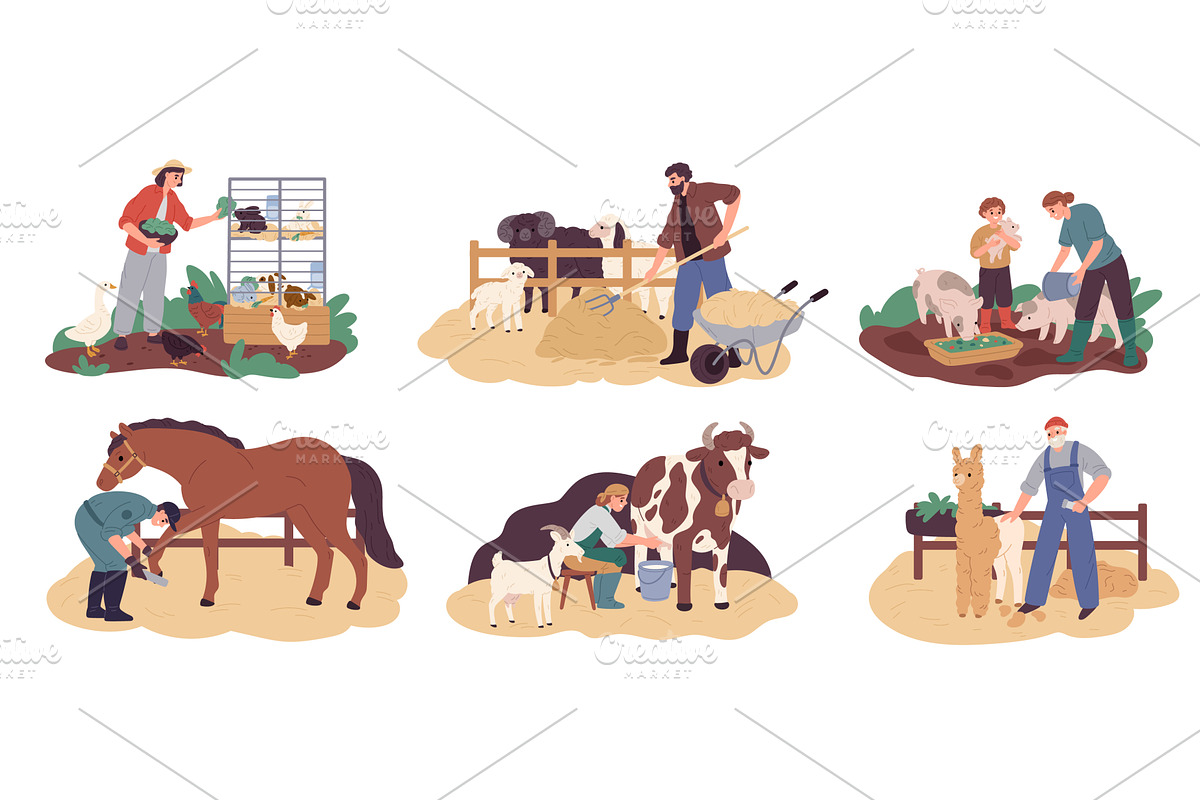 Happy farmers care animals. People, an Animal Illustration by YummyBuum