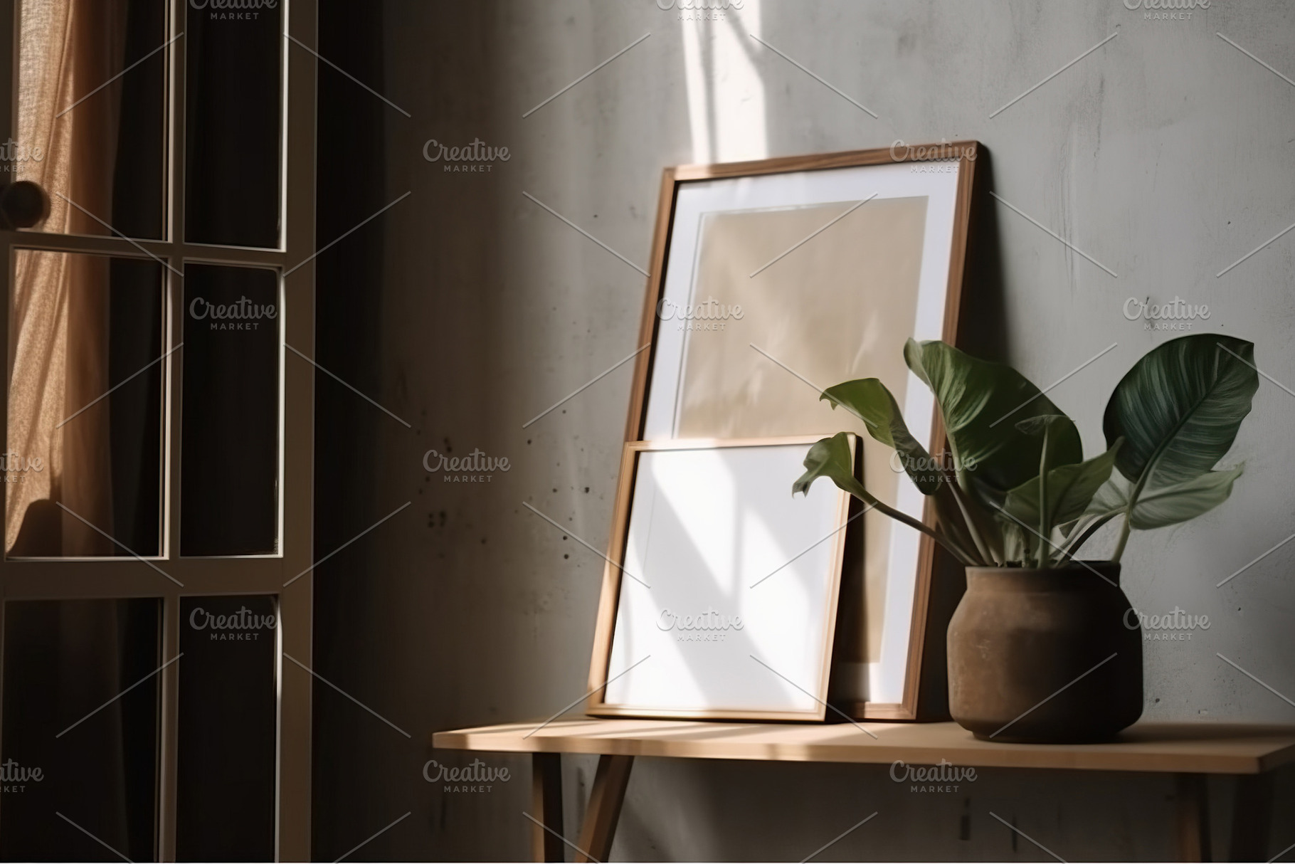 Blank print frame mockup with plants and decor on light backgrou, a Photo by Dvoevnore photos