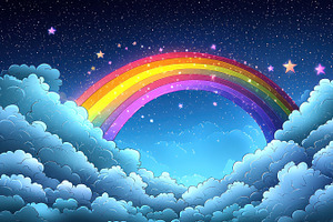 Whimsical rainbow over fluffy clouds in a starry night sky fille, a Background Photo by José Manuel Gelpi