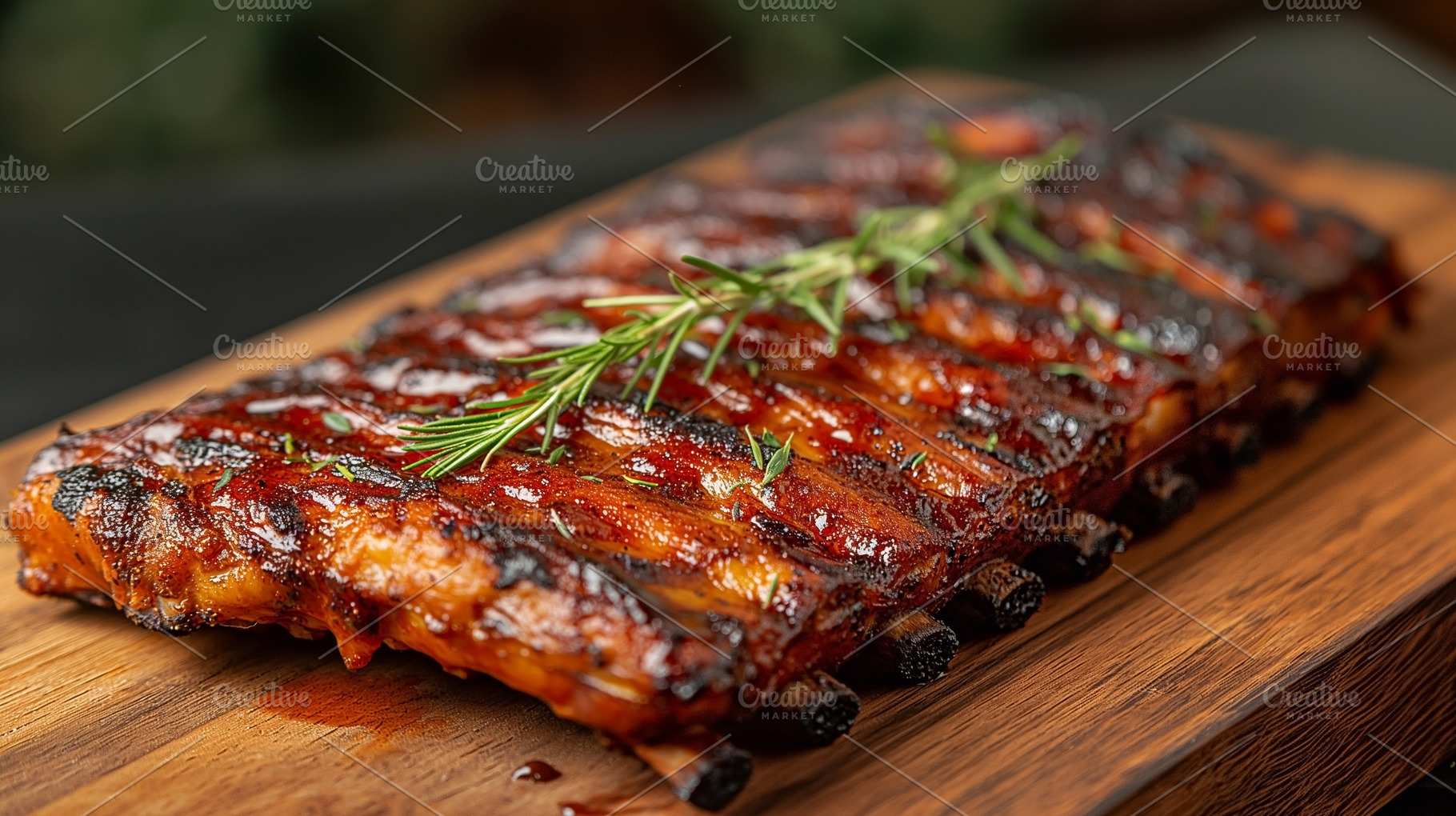 Succulent grilled ribs glazed with BBQ sauce, garnished with fre, a Food & Drink Photo by ImageMir