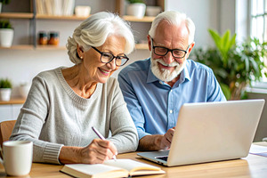 Elderly couple with books studying together in a library, a School & Education Photo by DanFLCreativo