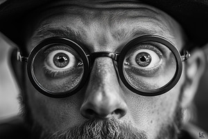 A close-up black and white psycholinguist portrait of a man with round glasses,, a Person Photo by Textures & Backgrounds