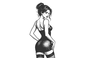pin-up woman in lingerie engraving, a Person Illustration by AlexArt