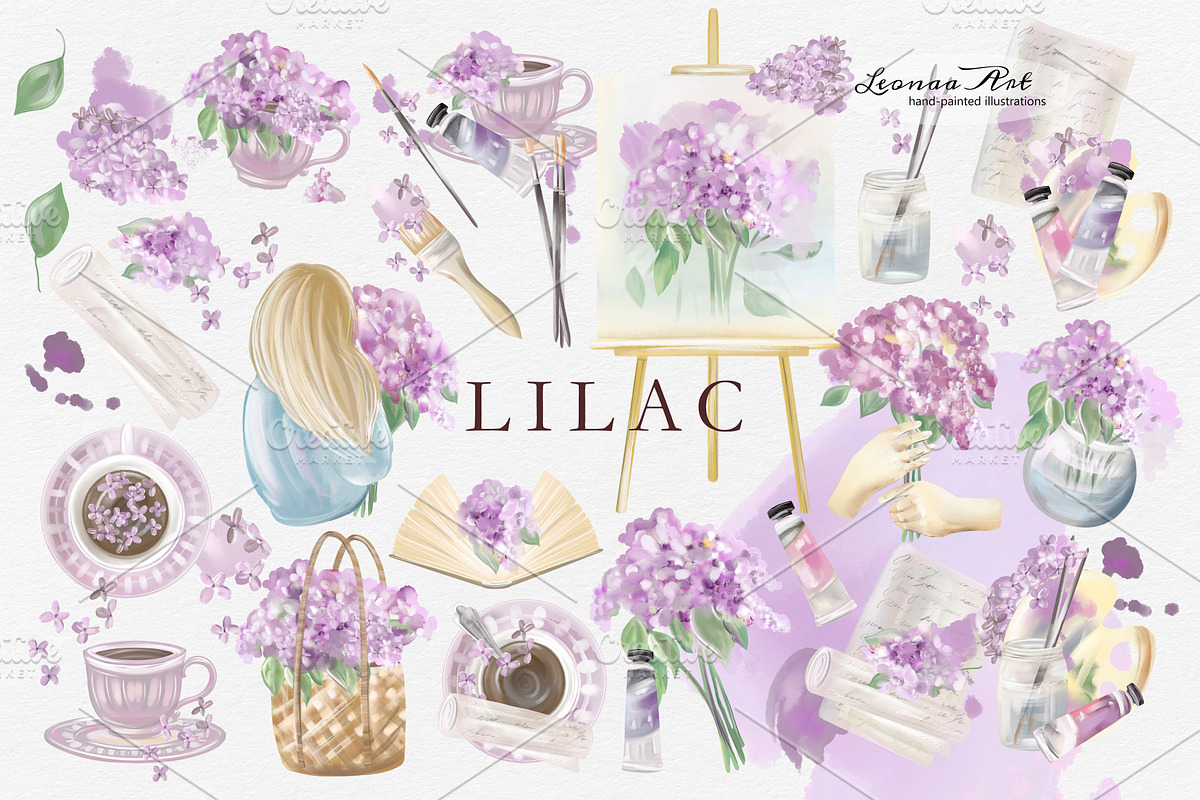 Lilac Watercolor Clipart Set, a Seasonal Illustration by Leonaa art (Photo 1 of 8)