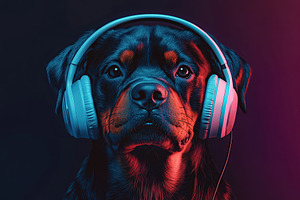 Labrador dog wearing headphones in style of cyberpunk, a Photo by AlyaAnd