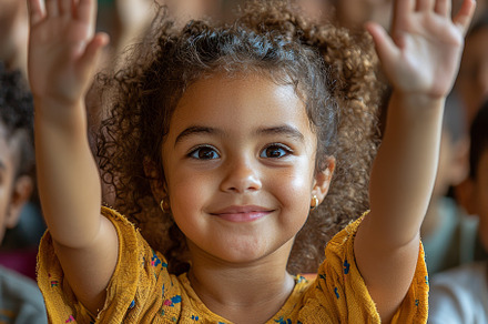 Eager child raising hand in classroom with classmates, a Photo by AS photostudio