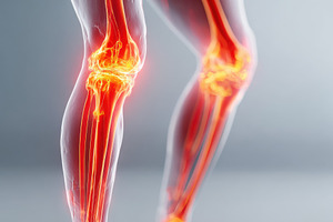 Illustration of human leg anatomy with glowing bones, a Health & Medical Photo by AlyaAnd