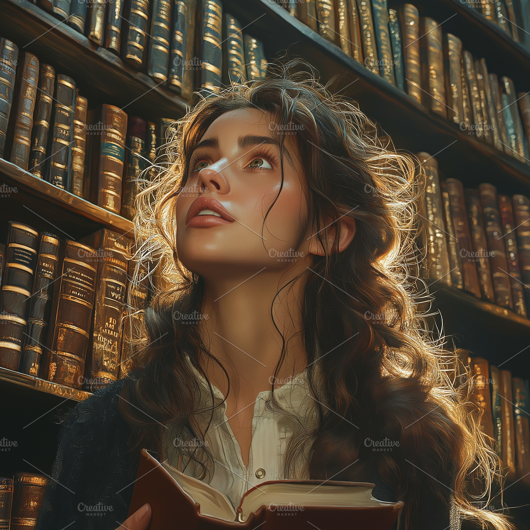 A young Caucasian woman gazes thoughtfully at the bookshelves in a cozy library, a Person Photo by ImageMir