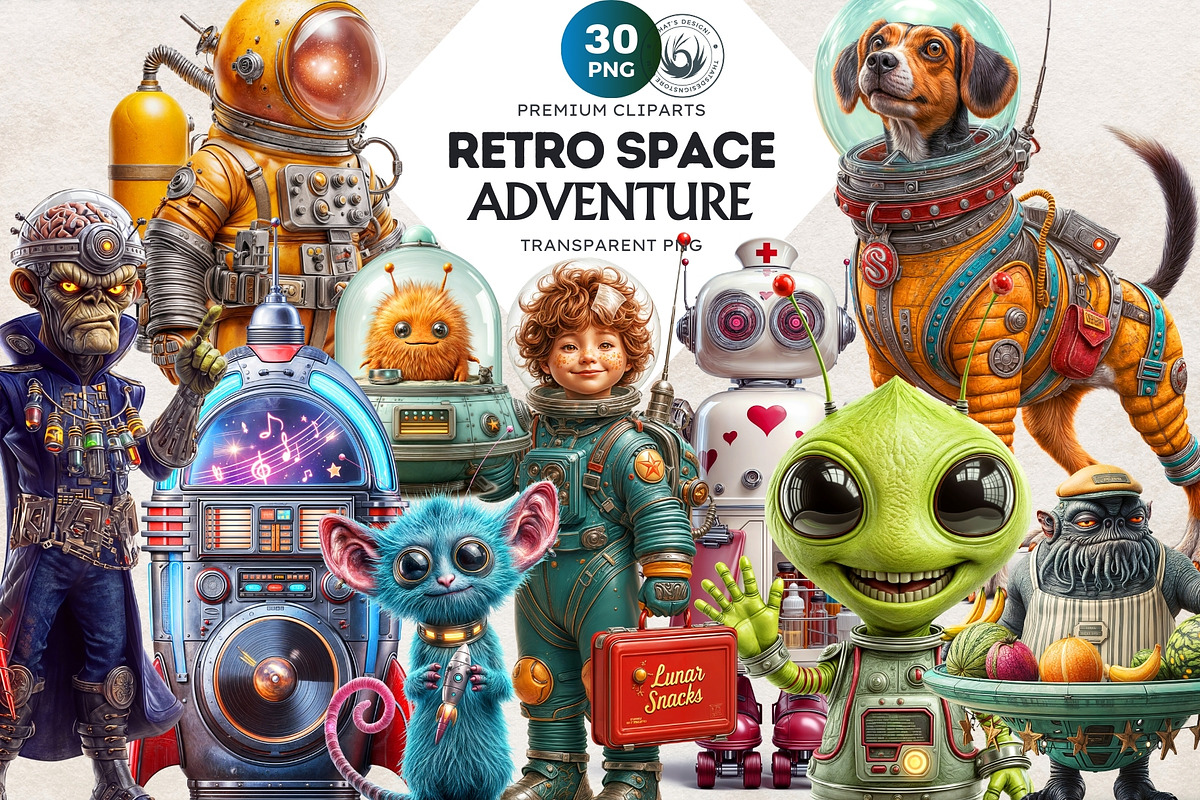 Retro Space Adventure PNG cliparts, a Decorative Illustration by ThatsDesignArt (Photo 1 of 10)