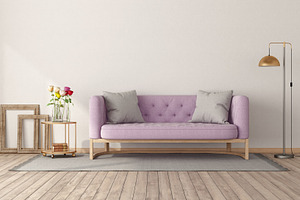 Retro style room with pink sofa