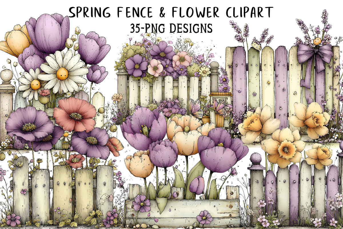 Spring Fence & Flower Clipart, an Illustration by Daily.Designs (Photo 1 of 8)