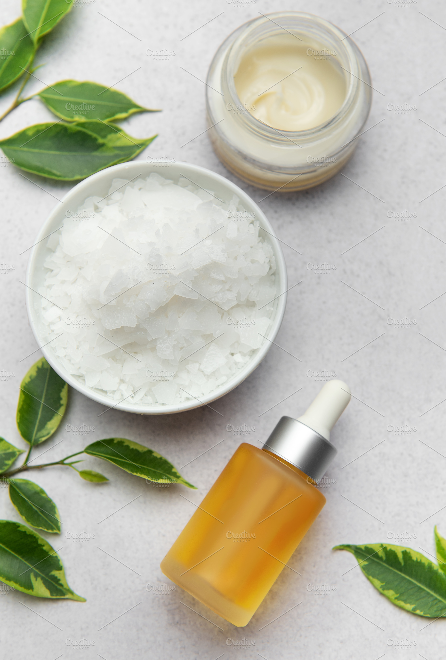 Magnesium flakes, body oil and cream creating relaxing spa kit, a Health & Medical Photo by Olena Rudo