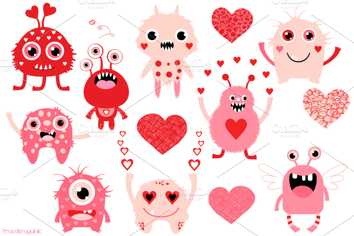 Valentine monsters love set, an Animal Illustration by Pravokrugulnik (Photo 1 of 2)