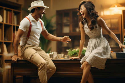Joyful Young Couple Laughing and Enjoying Time Together Indoors, a Photo by AS photostudio