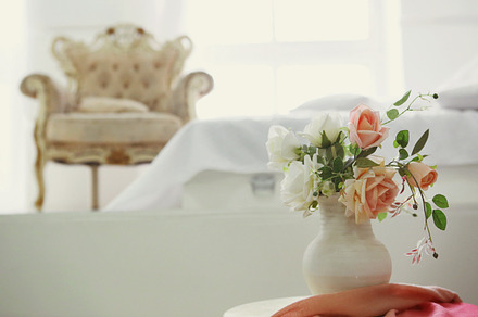 white bedroom interior with retro armchair, a Nature Photo by Famapictura