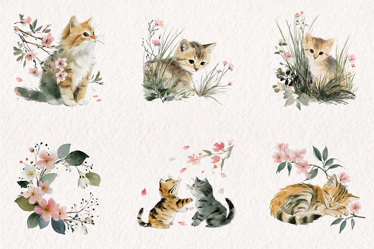 Whimsical Kittens Clipart Set, a Seasonal Illustration by CreationArt (Photo 3 of 7)