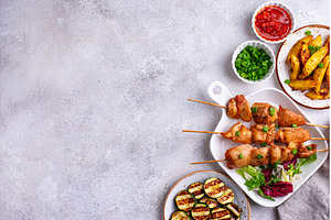 Chicken skewers kebab with, a Food & Drink Photo by Yulia Furman