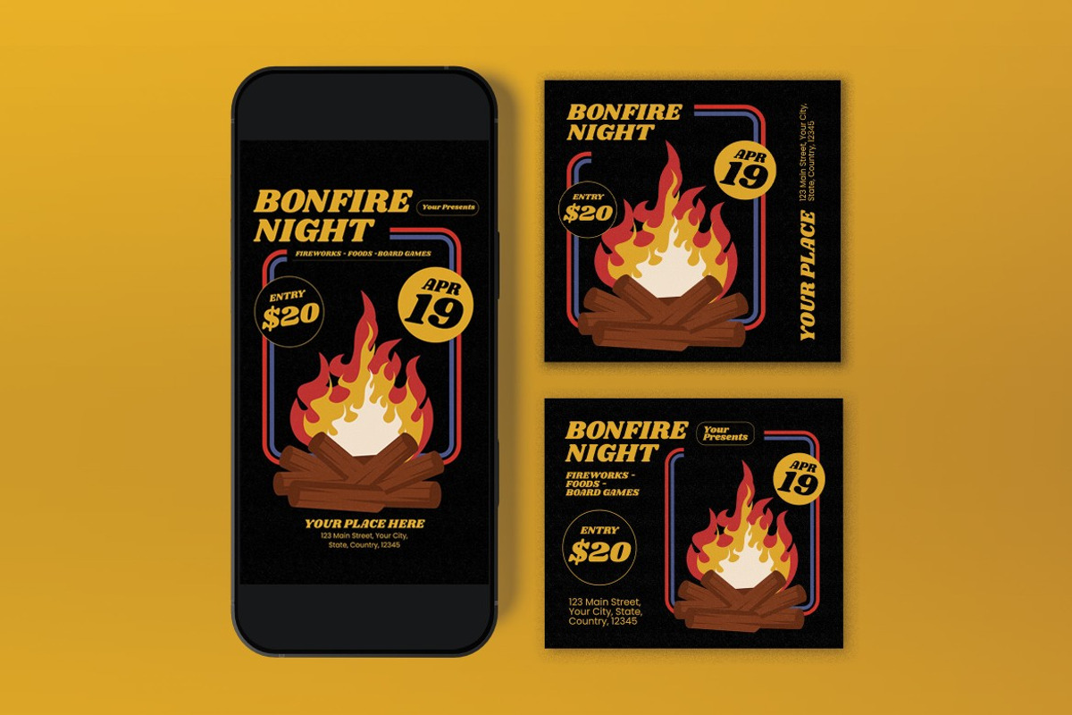 Black Yellow Bonfire Night Flyer Set, a Flyer Template by graphicook (Photo 3 of 3)
