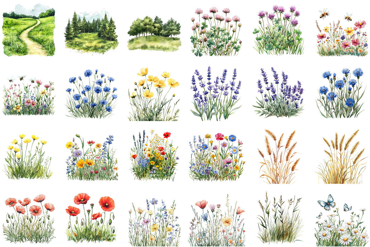 Wall Art Set Watercolor Wildflowers, an Illustration by Sublimation Artist (Photo 2 of 6)