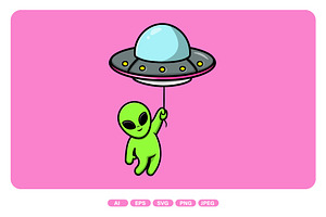 Cute Alien Floating With Ufo